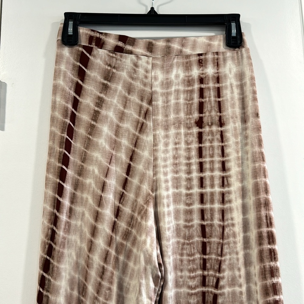 Women’s High Waisted Palazzo Tye Die Side Slit Pants Medium Brown Tan Cream - Picture 7 of 11